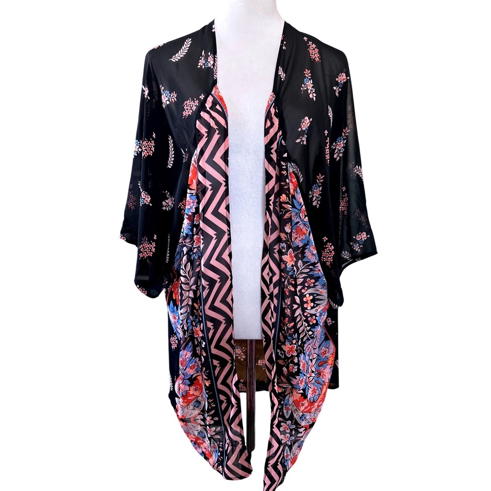 Express Womens Floral Geometric Mixed Print Sheer Kimono Cardigan Boho Black OS